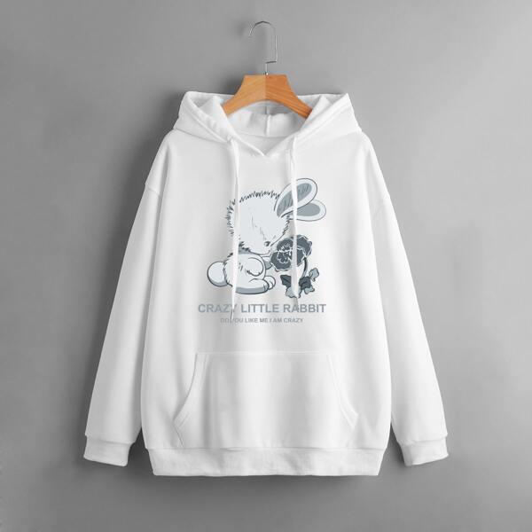 

Rabbit And Letter Graphic Thermal Lined Hooded Sweatshirt, White