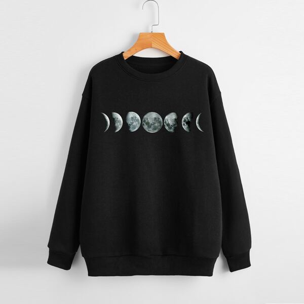 

Moon Print Drop Shoulder Sweatshirt, Black