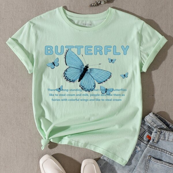 

Slogan And Butterfly Print Tee, Mint green