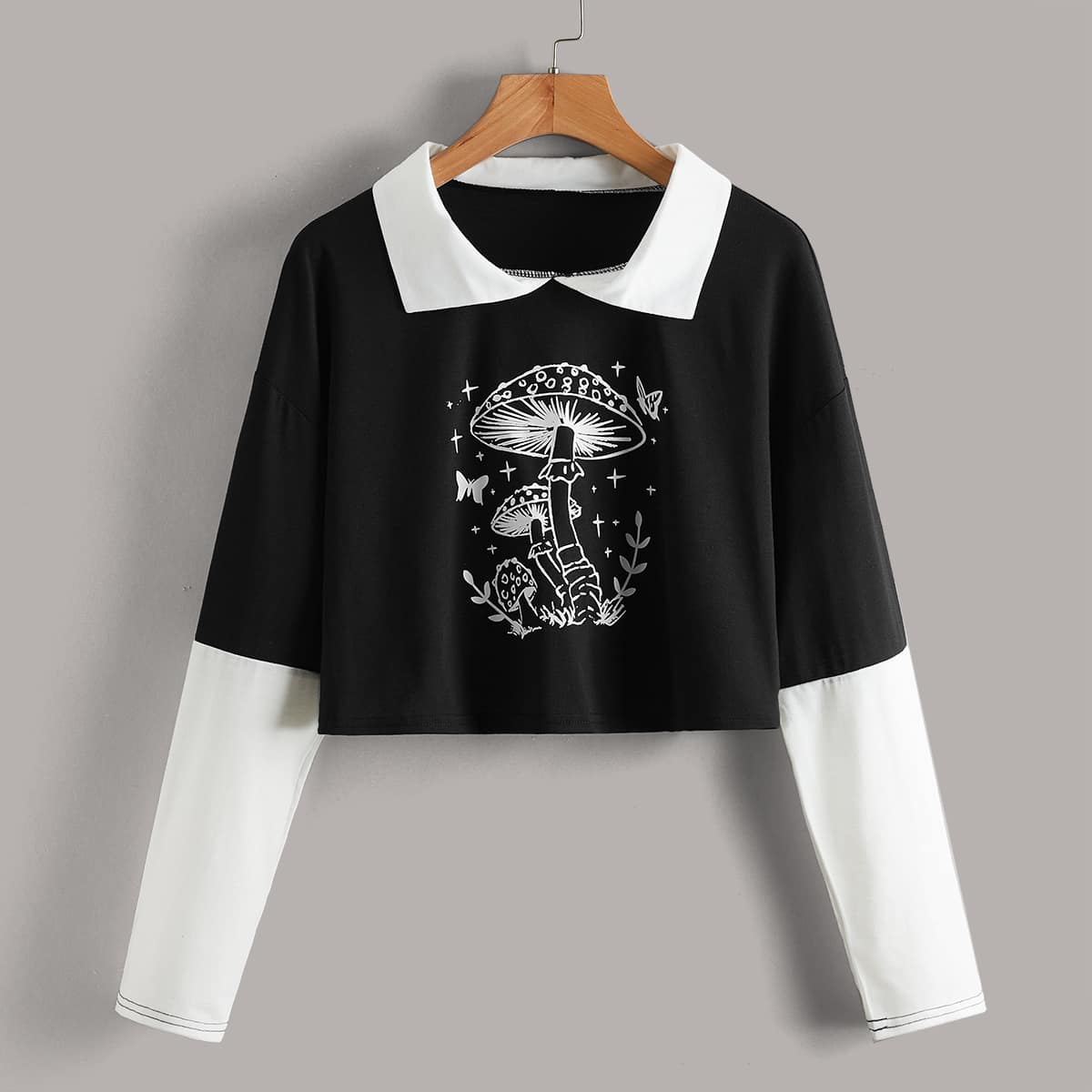 

Colorblock Mushroom Print Tee, Black