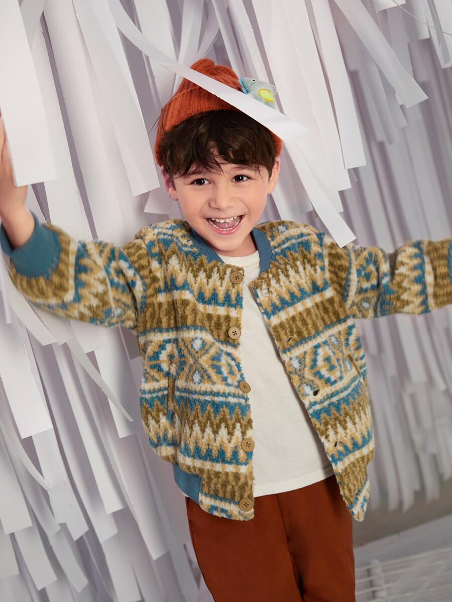 SHEIN Toddler Boys Geo Print Button Front Jacket - Multicolor - View 1