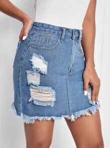 Falda mezclilla con diseño roto bajo crudo - Lavado ligero - Ver 3