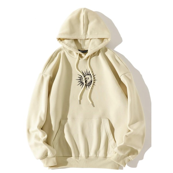 

Moon And Sun Print Kangaroo Pocket Drawstring Hoodie, Beige
