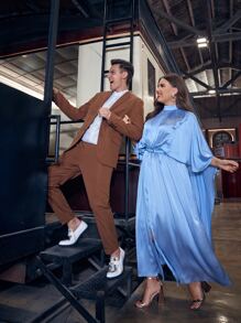 Modelyn 大碼1入組小高領斗篷袖褶皺下擺開叉繫腰帶連衣裙 - 藍色 - 查看 2