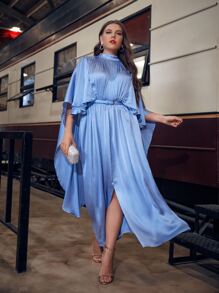 Modelyn 大碼1入組小高領斗篷袖褶皺下擺開叉繫腰帶連衣裙 - 藍色 - 查看 1