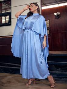 Modelyn 大碼1入組小高領斗篷袖褶皺下擺開叉繫腰帶連衣裙 - 藍色 - 查看 3