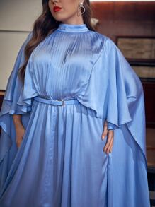 Modelyn 大碼1入組小高領斗篷袖褶皺下擺開叉繫腰帶連衣裙 - 藍色 - 查看 4