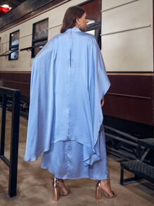 Modelyn 大碼1入組小高領斗篷袖褶皺下擺開叉繫腰帶連衣裙 - 藍色 - 查看 5