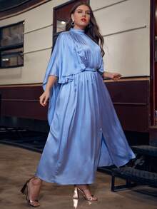 Modelyn 大碼1入組小高領斗篷袖褶皺下擺開叉繫腰帶連衣裙 - 藍色 - 查看 6