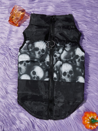 Red & Black Contrast Skeleton Print Pet Winter Warm Vest, Thick Windproof Jacket For Dogs & Cats