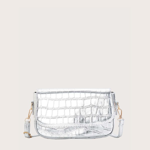 

Girls Metallic Crocodile Embossed Square Bag, Silver