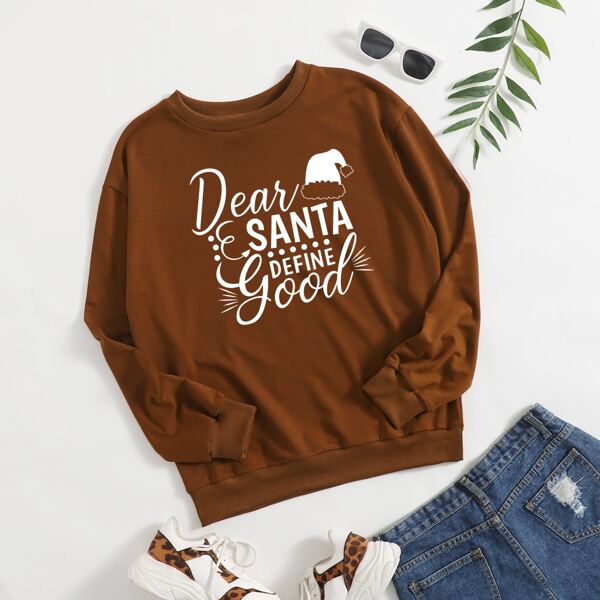 

Christmas Print Round Neck Sweatshirt, Brown