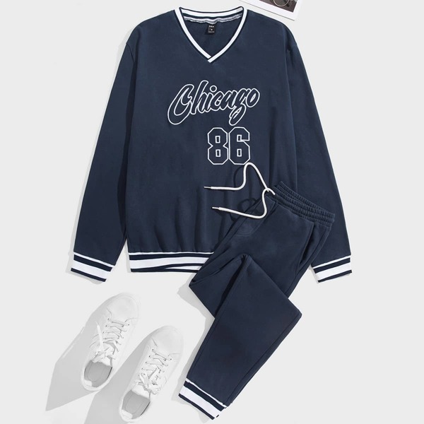 

Men Letter Embroidery Striped Trim Pullover & Drawstring Waist Sweatpants, Navy blue