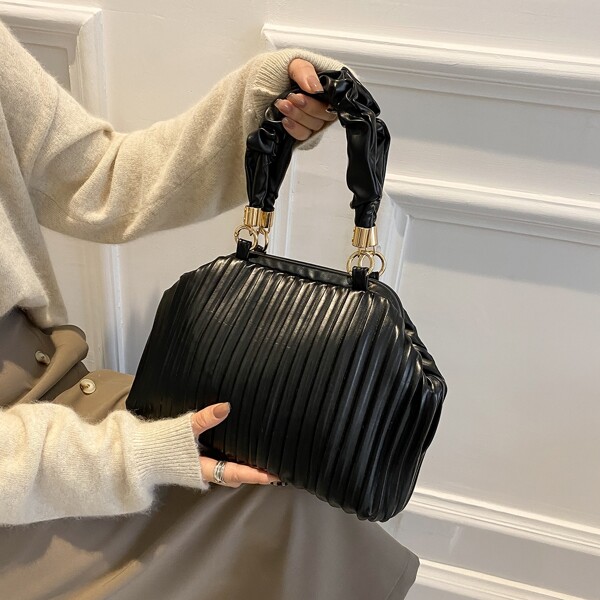 

Pleated Ruched Handle Shoulder Bag, Black