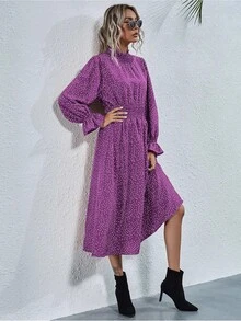 SHEIN Privé 打褶領和腰波卡圓點洋裝 - 紫色 - 查看 5