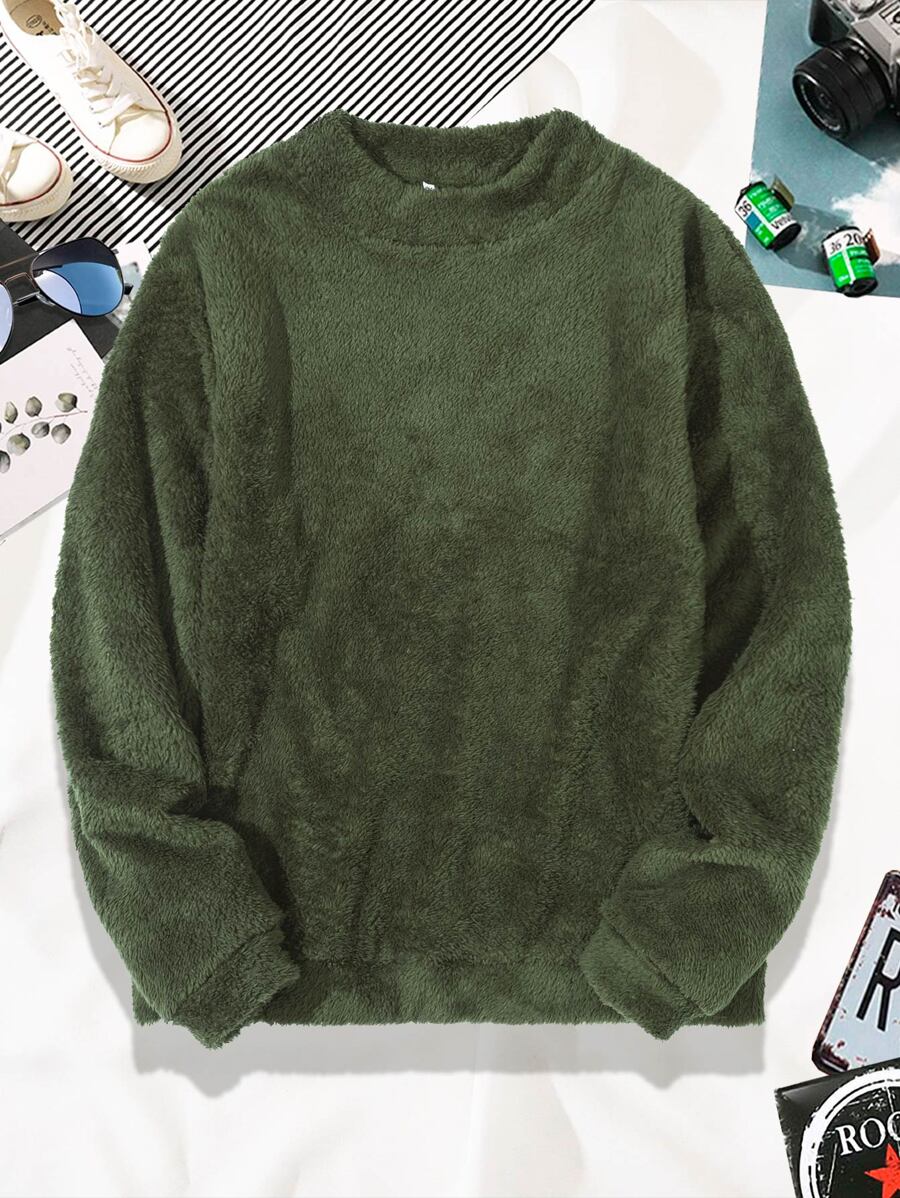 Manfinity Men Solid Crew Neck Teddy Sweatshirt - Army Green - View 1
