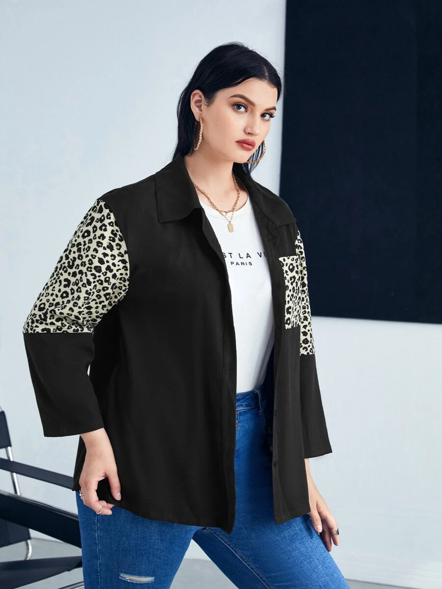 Camisa de leopardo con parche con bolsillo - Negro - Ver 1