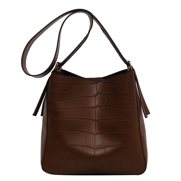 

Crocodile Embossed Bucket Bag With Bag Charm, Coffee brown