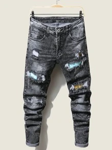 Manfinity ผู้ชาย กางเกงยีนส์ ขาด ปลายรุ่ย ลายผ้าตัดต่อ - สีเทาเข้ม - ดู 1