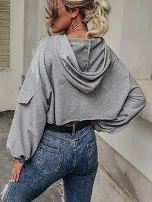 翻蓋細節抽繩連帽短款運動衫 - 灰色 - 查看 2