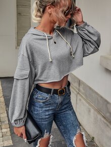 翻蓋細節抽繩連帽短款運動衫 - 灰色 - 查看 3