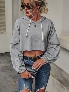 翻蓋細節抽繩連帽短款運動衫 - 灰色 - 查看 4