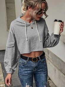 翻蓋細節抽繩連帽短款運動衫 - 灰色 - 查看 5