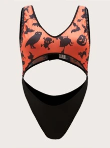 Plus Halloween Print Cut-out Teddy Bodysuit - Multicolor - View 1