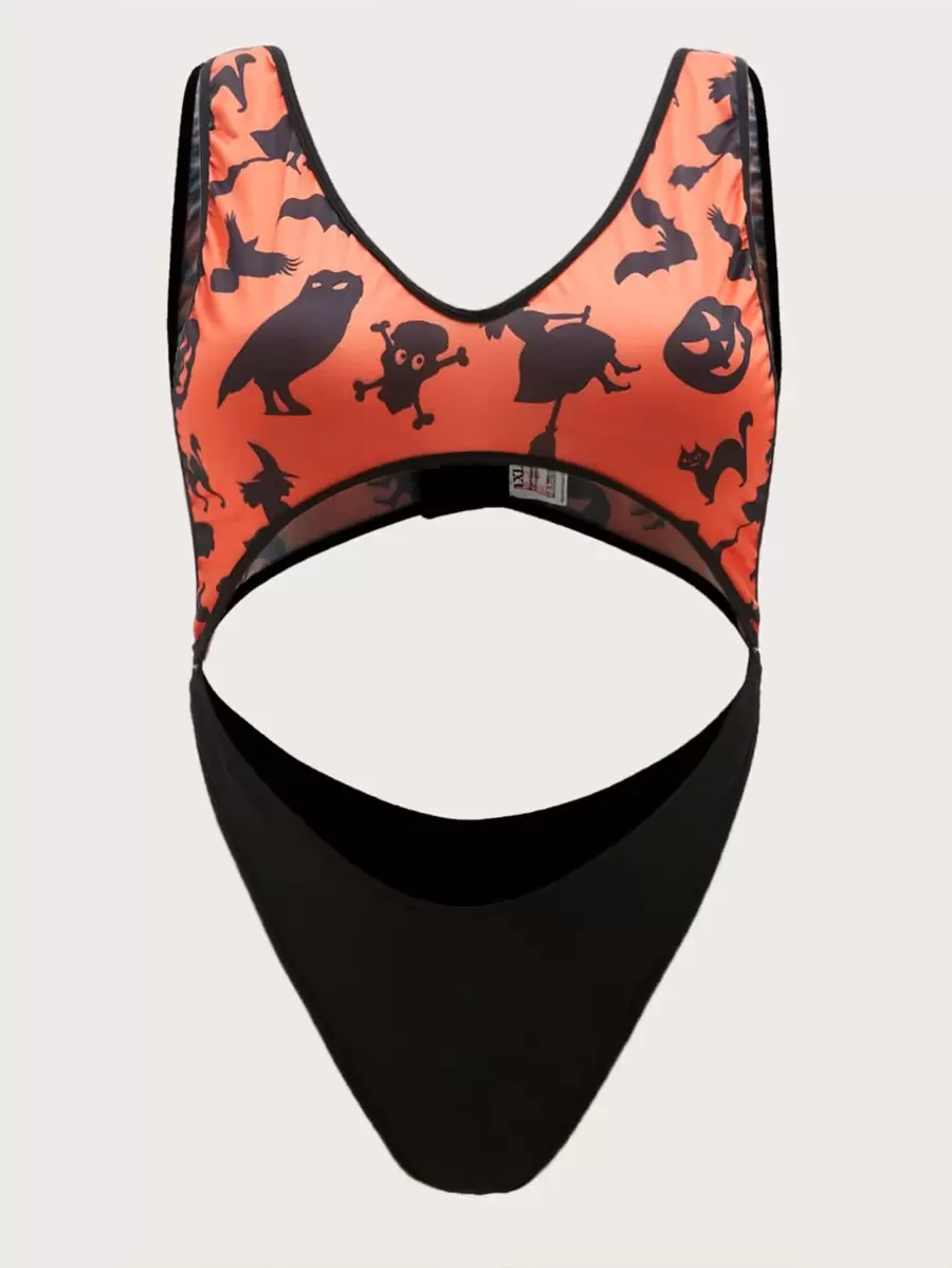 Plus Halloween Print Cut-out Teddy Bodysuit - Multicolor - View 1