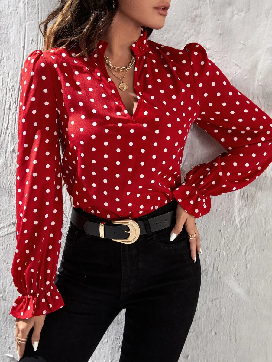 SHEIN Clasi Polka Dot Print Frill Notched Neck Flounce Sleeve Blouse - Red - View 1