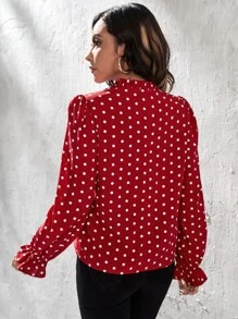 SHEIN Clasi Polka Dot Print Frill Notched Neck Flounce Sleeve Blouse - Red - View 2