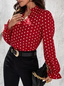 SHEIN Clasi Polka Dot Print Frill Notched Neck Flounce Sleeve Blouse - Red - View 4