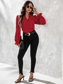 SHEIN Clasi Polka Dot Print Frill Notched Neck Flounce Sleeve Blouse - Red - View 5
