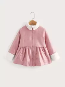SHEIN Niñitas Abrigo con cremallera teddy panel bajo con fruncido - Rosa coral - Ver 1