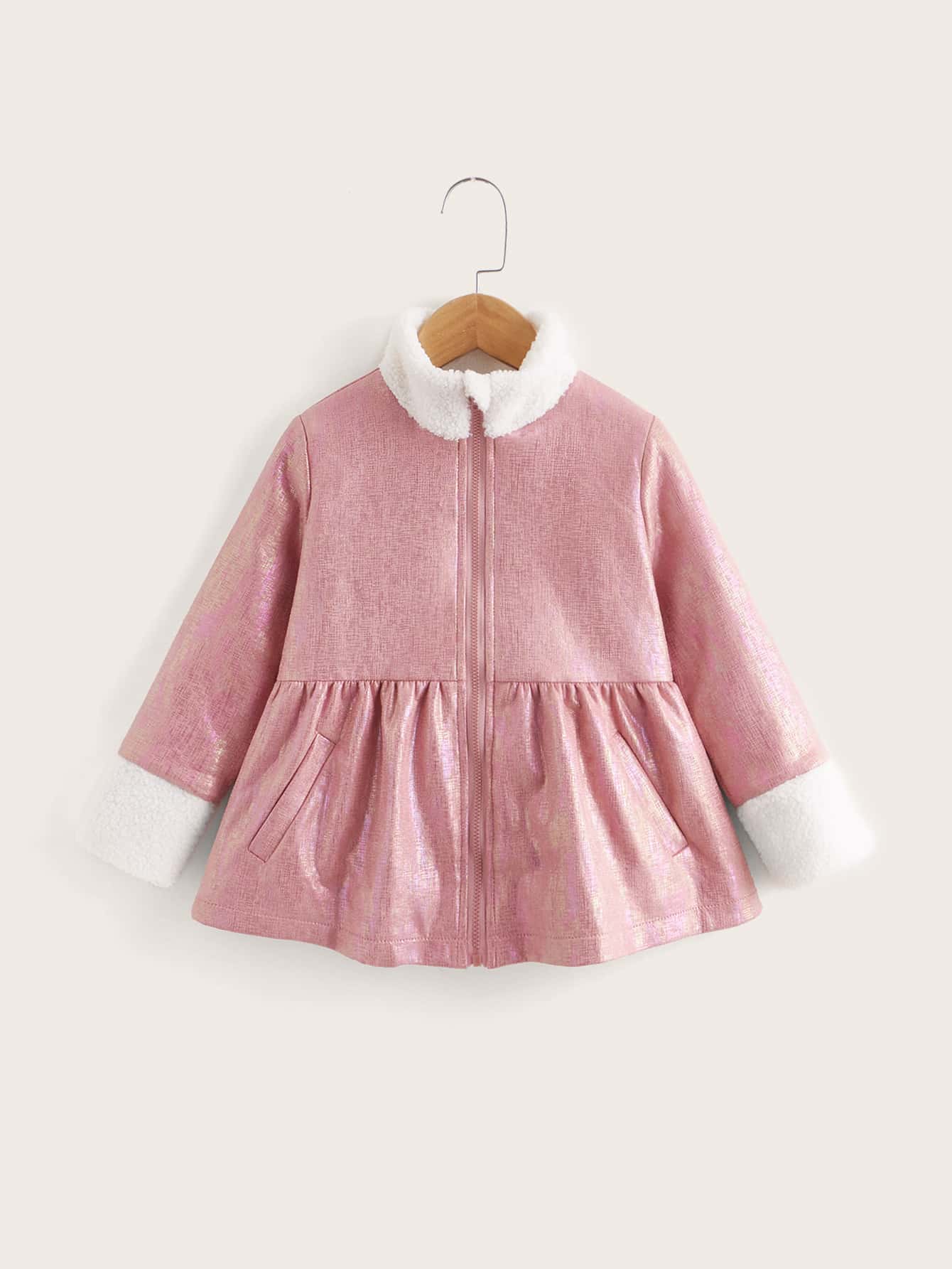 SHEIN Niñitas Abrigo con cremallera teddy panel bajo con fruncido - Rosa coral - Ver 1