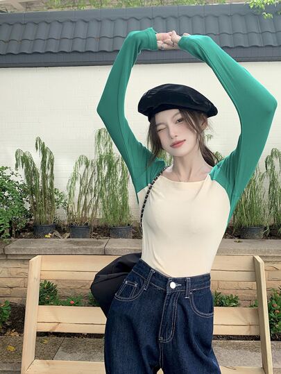 티 소매 타색 스퀘어 넥