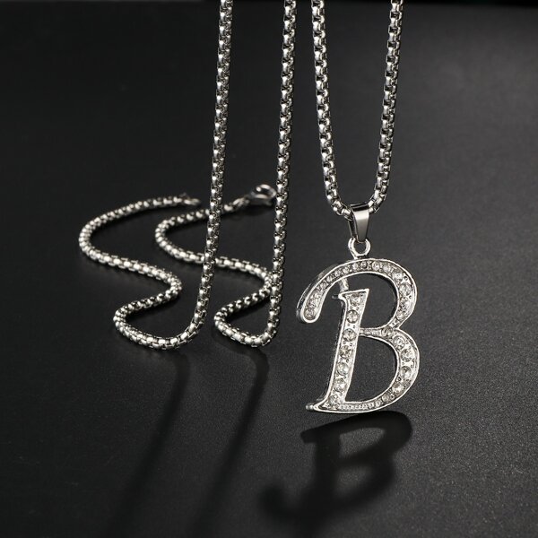 

Men Rhinestone Letter Charm Necklace, Antique silver