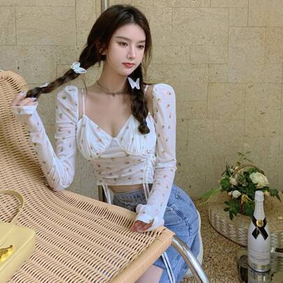 뷔스티에 티 올오버 딸기 패턴 스트링