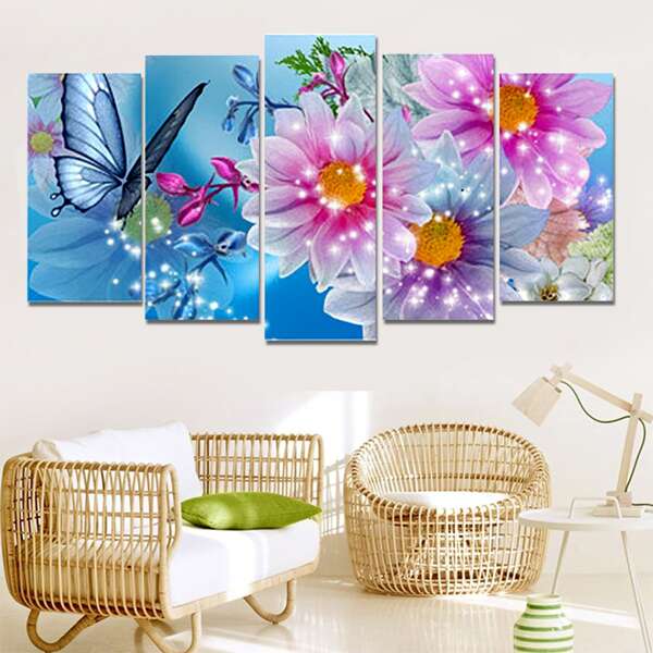 

5pcs Flower Print DIY Diamond Unframed Painting, Multicolor