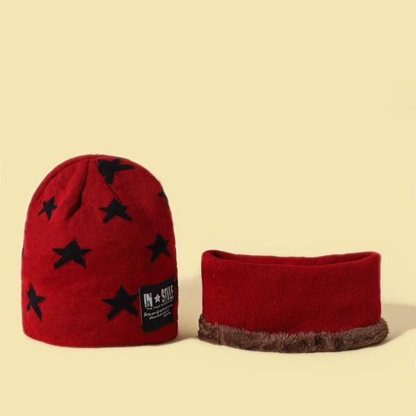 

Toddler Kids Star Pattern Beanie & Scarf, Red