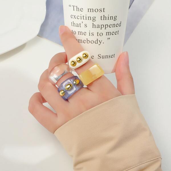 

4pcs Studded Decor Ring, Multicolor