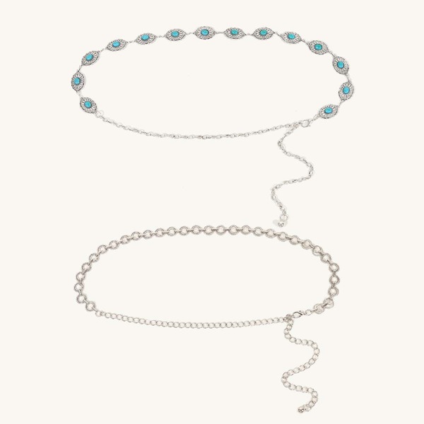 

2pcs Stone Decor Chain Belt, Silver