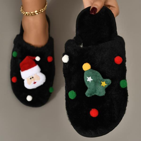 

Christmas Cartoon Decor Fuzzy Slippers, Black