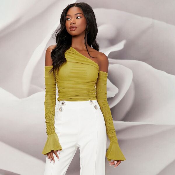 

Asymmetrical Shoulder Flounce Sleeve Ruched Tee, Olive green