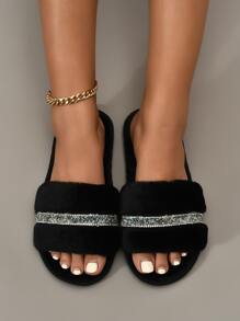 秋冬季 DREAMA EU 品牌经典优雅舒适露趾柔软防滑仿兔毛女士家居拖鞋，四季皆宜，毛茸茸的拖鞋 - 黑色 - 查看 5