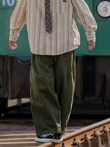 Manfinity Men Pocket Wide Leg Trousers - Army Green - View 1