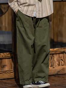 Manfinity Men Pocket Wide Leg Trousers - Army Green - View 3