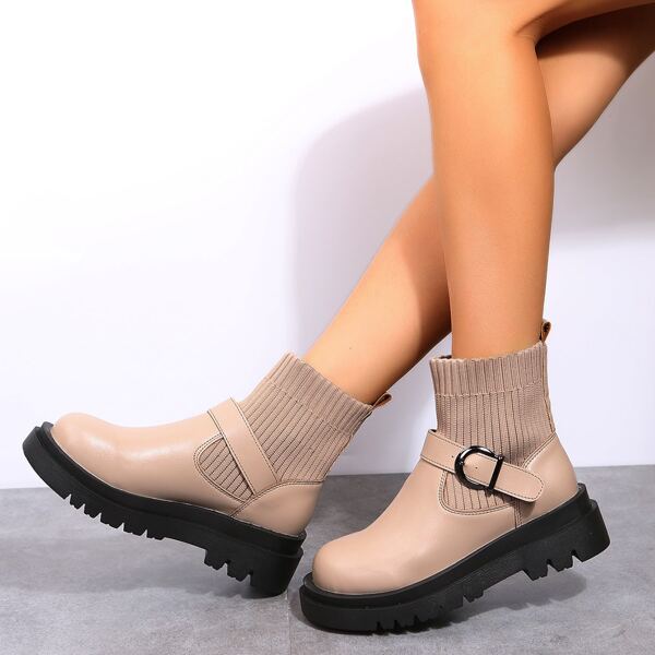 

Buckle Decor Slip-on Sock Boots, Apricot