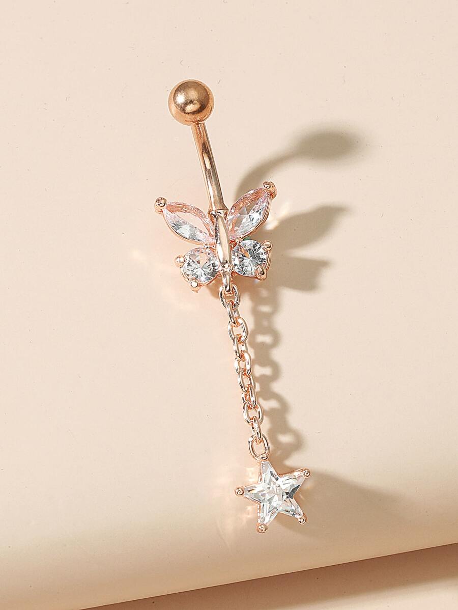 Anillo de ombligo con decoración de mariposa de circonita cúbica, joyería de piercing de cuerpo punk de moda unisex - Oro rosa - Ver 1
