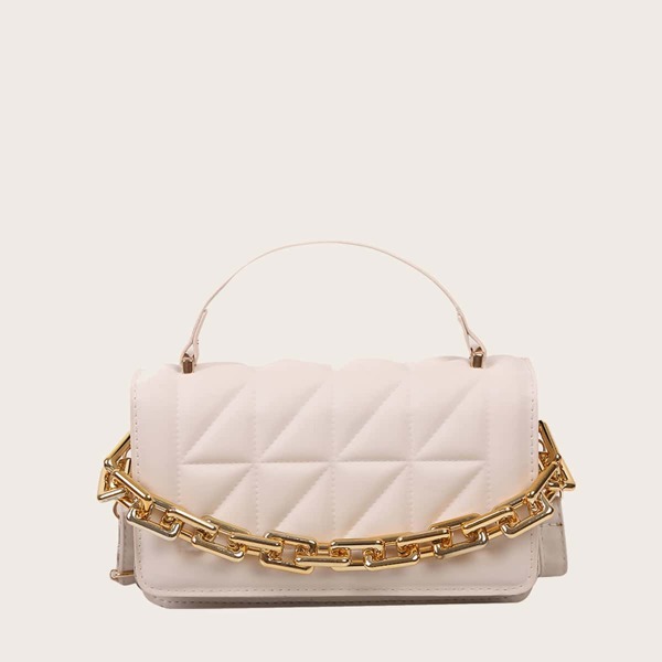 

Quilted Embossed Chain Square Bag, White